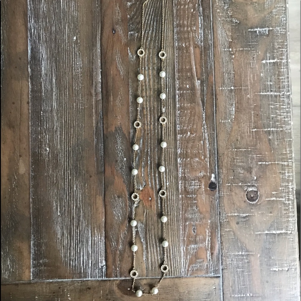 JCrew long gold chain pearl & crystal necklace